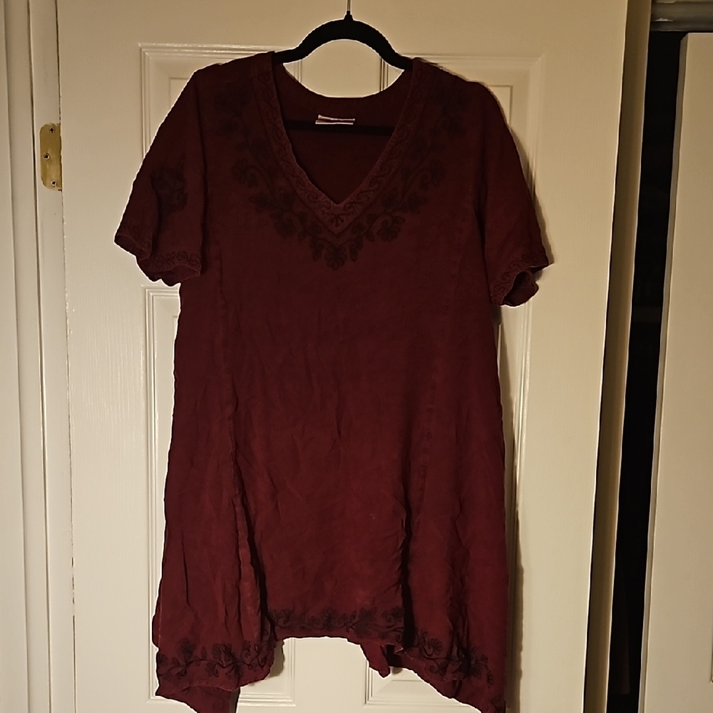 Burgundy Embroidered V-Neck Top